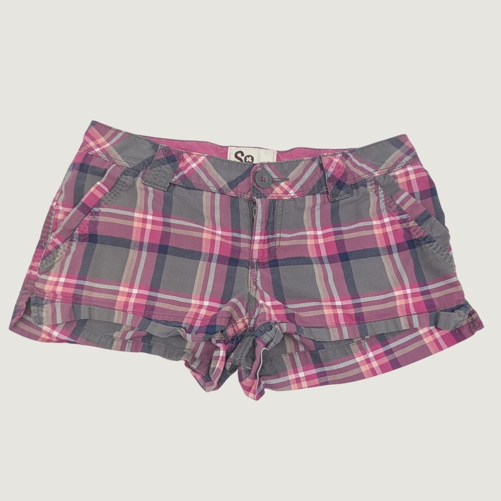 SO Plaid Shorts Micro Mini Juniors Sz 7 Pink Grey Cotton Low Rise Booty Y2K